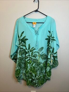 Ruby Rd Swim Poncho Palm Tree Print Turquoise Size Medium NWT *Flaw